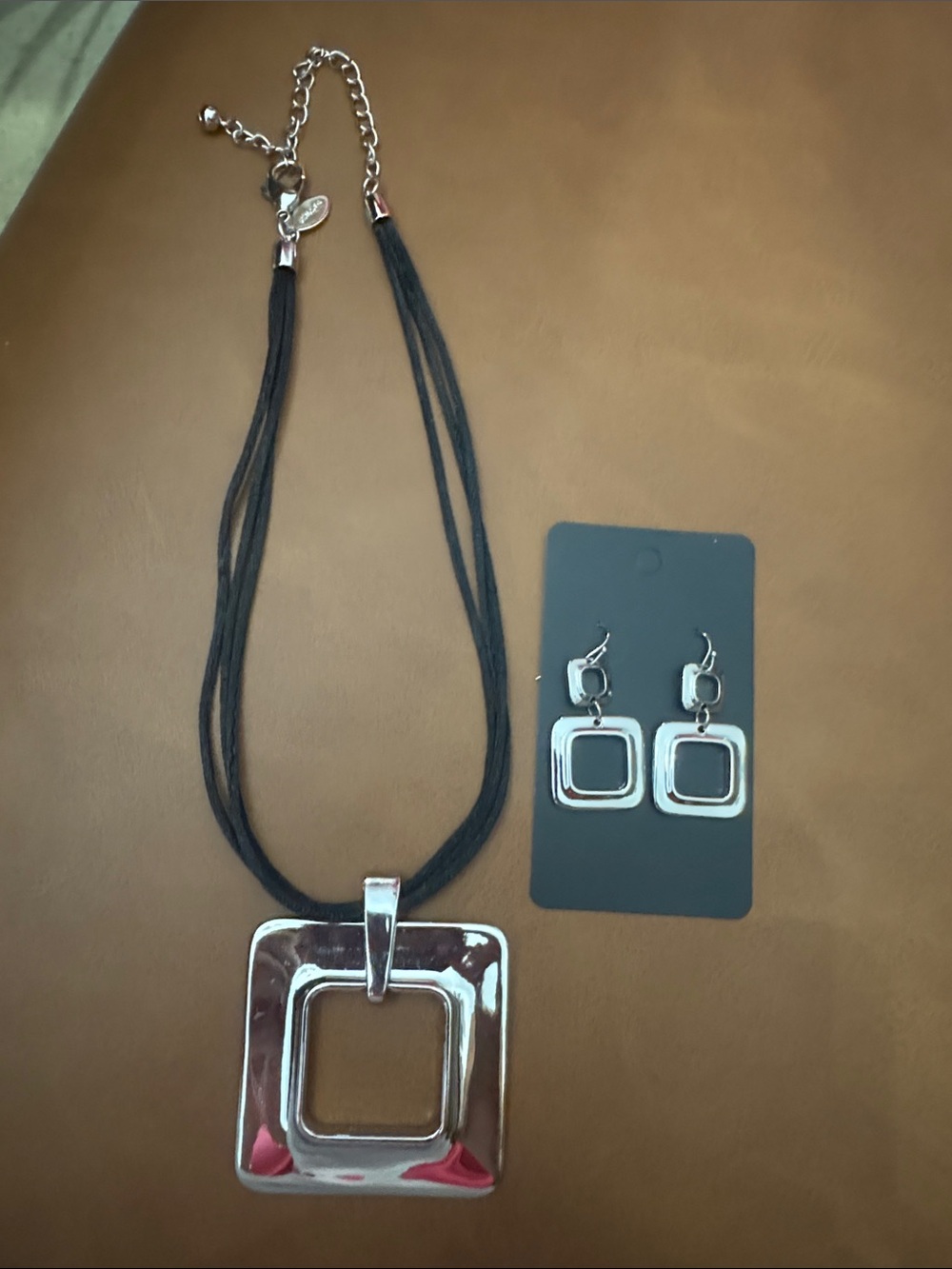 Chico's Silver Square Pendant Necklace with Matching Earrings - Black Cord